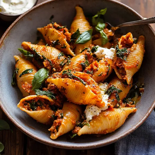A bowl of pasta with tomato sauce and basil.
