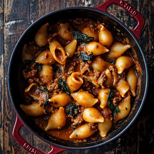 A bowl of pasta with tomato sauce and basil.