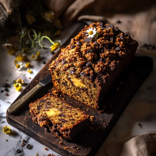 A slice of chocolate chip zucchini pecan bread.
