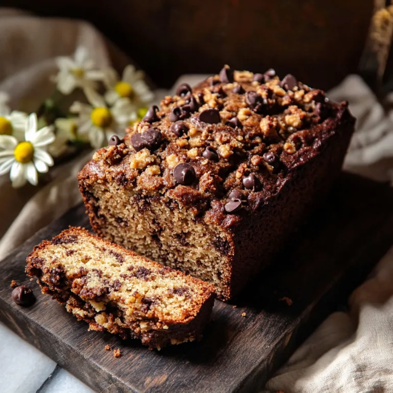 A slice of chocolate chip zucchini pecan bread.