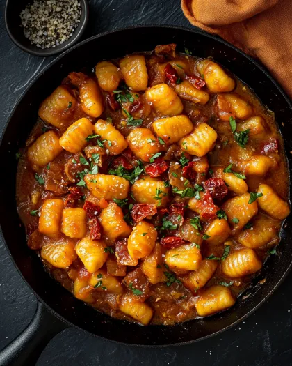 A dish of gnocchi with chorizo and creamy harissa sauce.