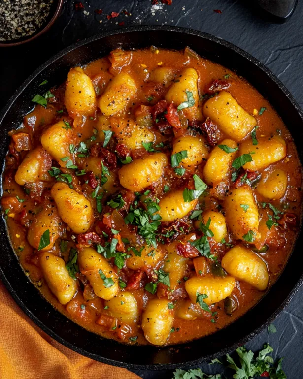 A bowl of gnocchi with chorizo and creamy harissa sauce.