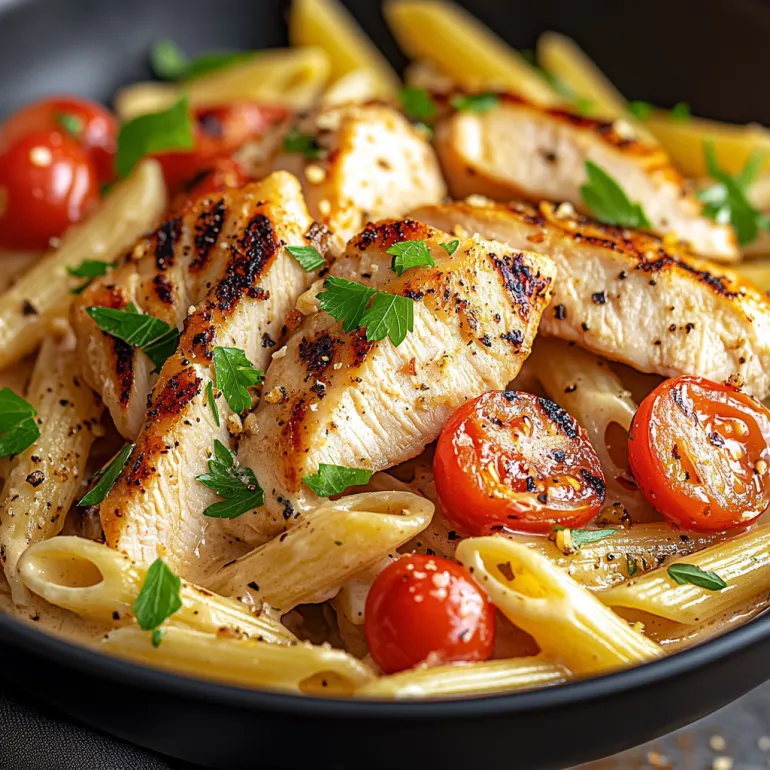 A bowl of pasta with chicken and tomatoes.