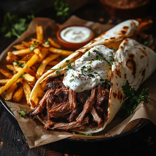 A gyro with pot roast and fries.