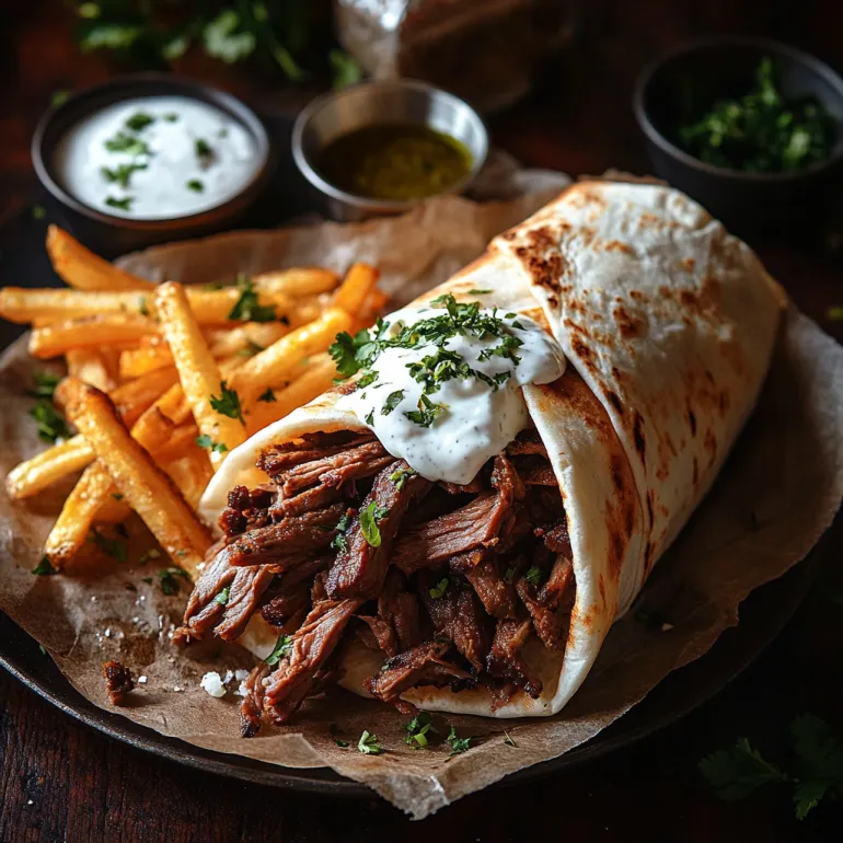 A gyro with meat and cheese on a paper.