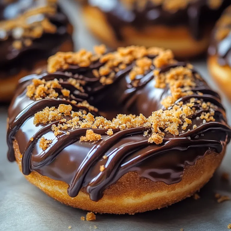A chocolate covered donut with a caramel topping.