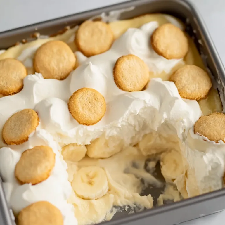 A close up of a banana pudding dessert.