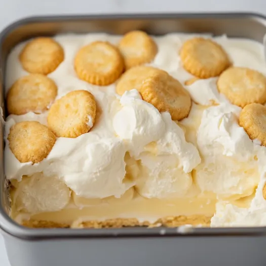 A container of banana pudding with cookies on top.