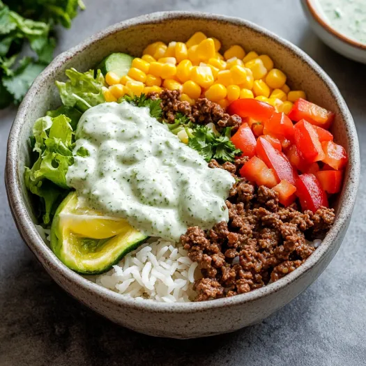 A bowl of food with rice, tomatoes, corn, and beans.