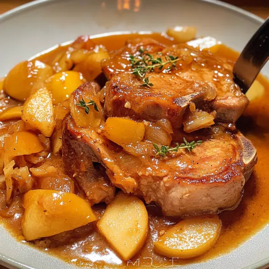 Braised pork chops with apples.