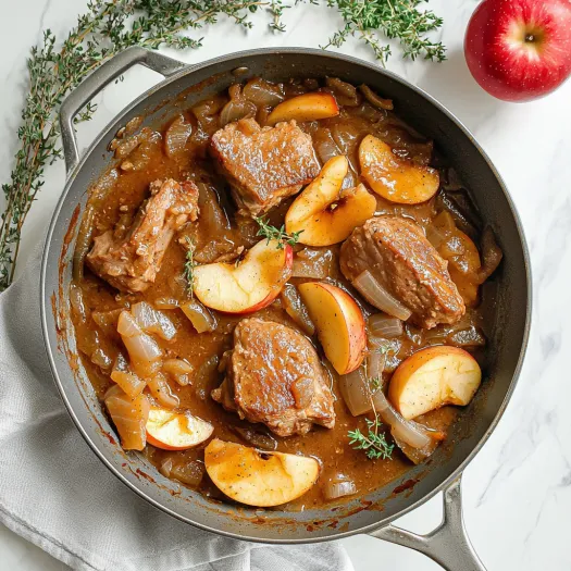 A pan of braised pork chops with apples.