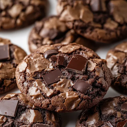 Chocolate chip cookies on a white plate.