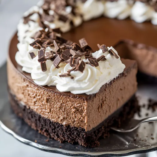 A slice of chocolate cheesecake with white whipped cream.