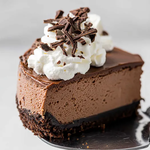 A slice of chocolate cheesecake with white whipped cream on top.