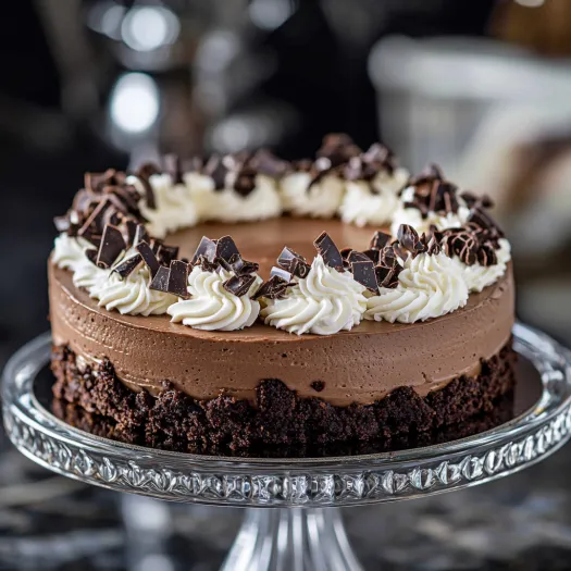 A slice of chocolate cheesecake on a plate.