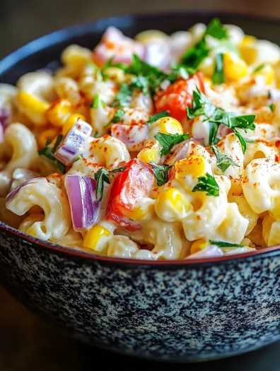 A bowl of macaroni salad with tomatoes and onions.
