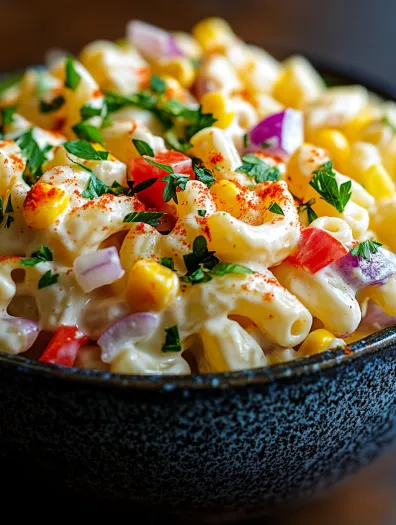 A bowl of macaroni salad with tomatoes and corn.