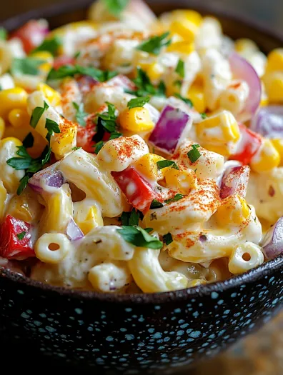 A bowl of macaroni salad with red peppers and onions.