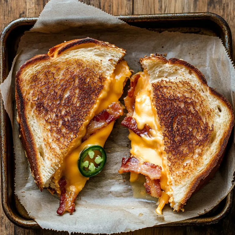 A slice of grilled cheese with a jalapeno pepper in it.