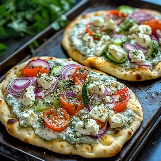 Two pizzas with vegetables and cheese on a tray.