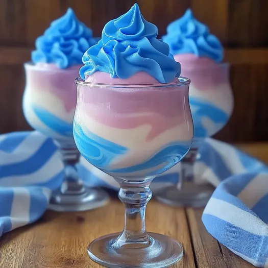 A glass of whipped Kool-Aid with a blue and white striped napkin.