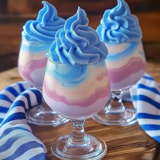 Two glasses of whipped kool-aid are on a table.