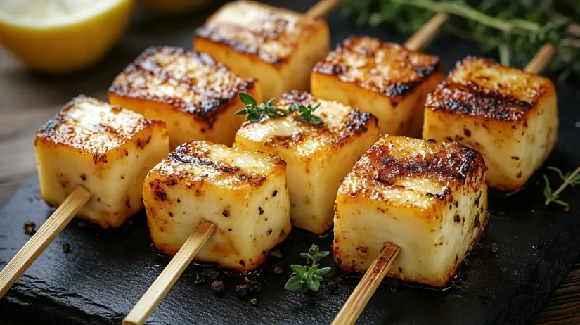 Grilled Halloumi Skewers with Lemon and Thyme.