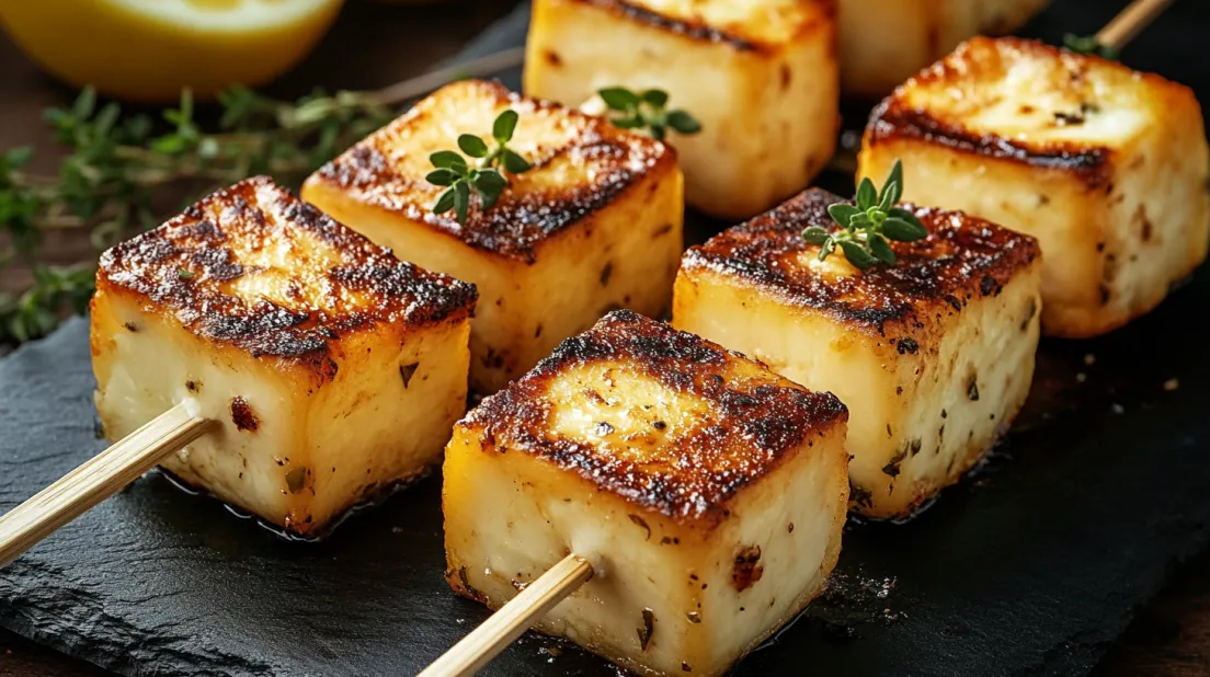 Grilled Halloumi Skewers with Lemon and Thyme.