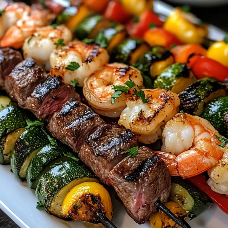 Grilled steak and shrimp kabobs on a plate.