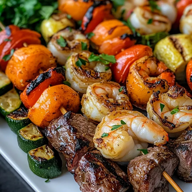 Grilled steak and shrimp kabobs on a plate.