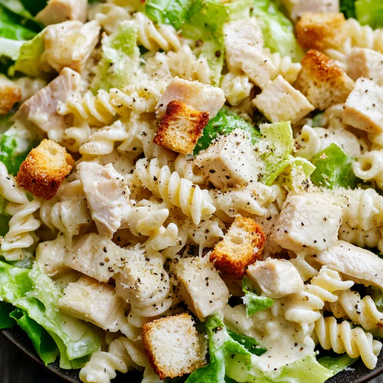 A bowl of chicken Caesar pasta salad.