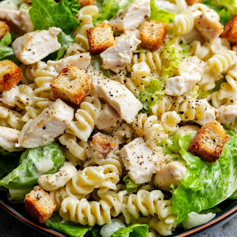 A bowl of chicken Caesar pasta salad.