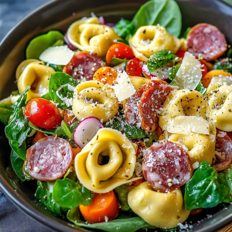 A bowl of pasta salad with tomatoes, spinach, and ham.
