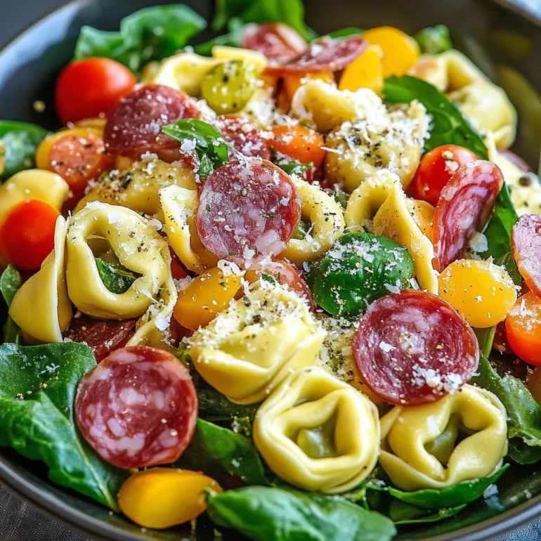 A bowl of pasta salad with tomatoes, spinach, and meatballs.