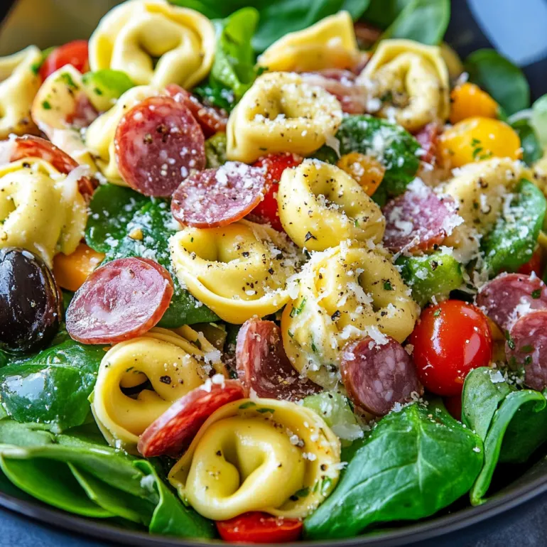 A bowl of pasta salad with tomatoes, spinach, and meatballs.