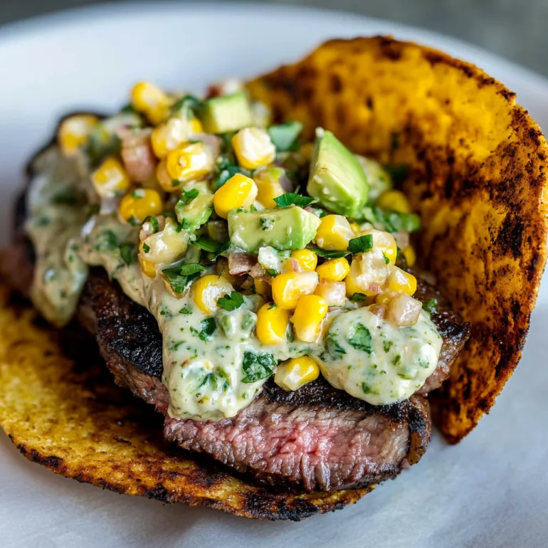 A burger with a slice of corn on top.