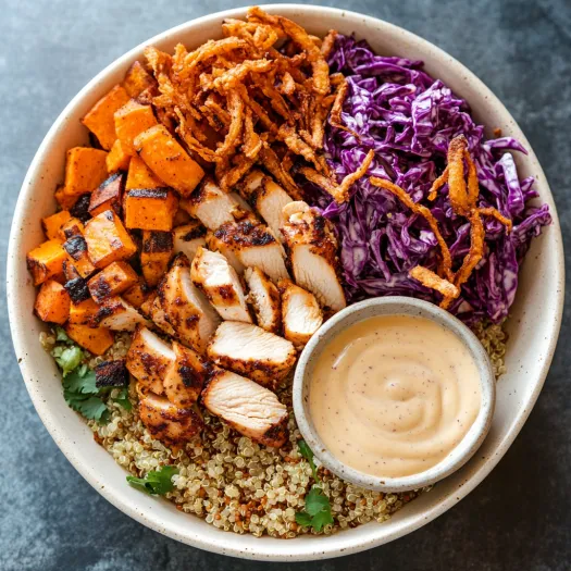 A bowl of food with chicken, vegetables, and sauce.
