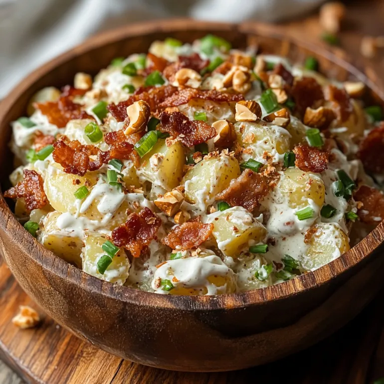 A bowl of crispy smashed potato salad.