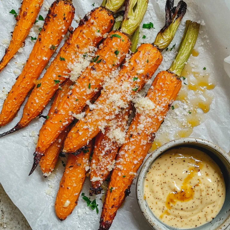 A plate of roasted carrots with honey mustard sauce.