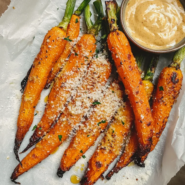 A plate of roasted carrots with honey mustard sauce.