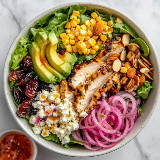 A bowl of food with chicken, onions, and other vegetables.