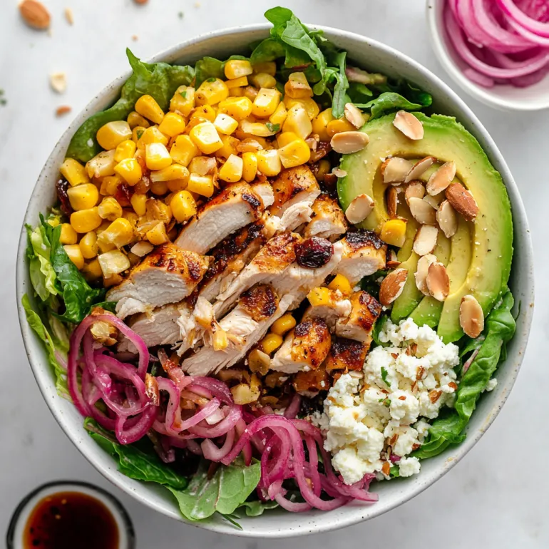 A bowl of food with chicken, corn, and avocado.
