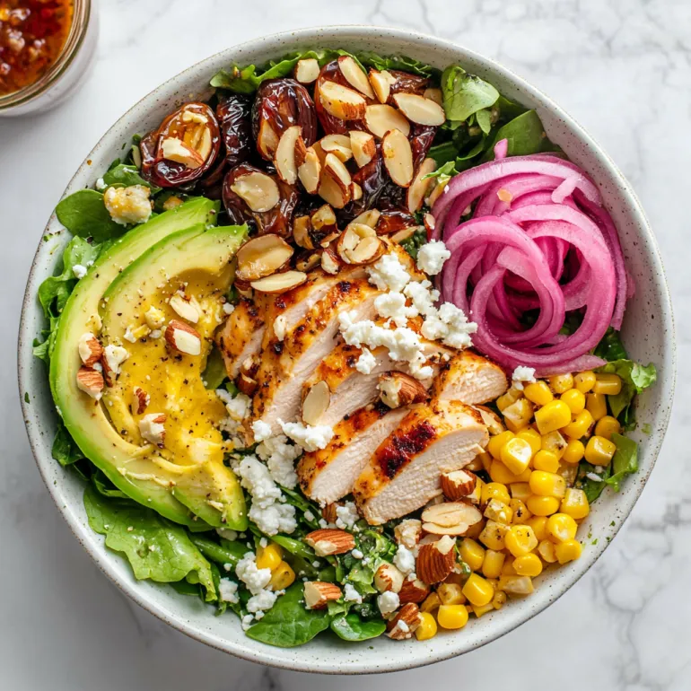 A bowl of food with chicken, corn, onions, and other vegetables.