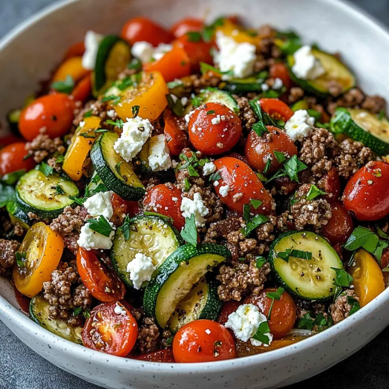 A bowl of Mediterranean ground beef stir-fry.