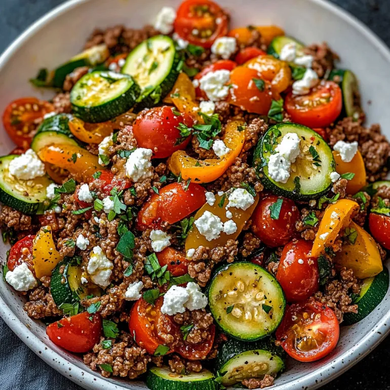 A bowl of Mediterranean ground beef stir-fry.