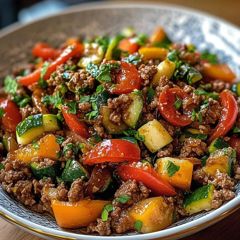 A bowl of Mediterranean ground beef stir-fry.