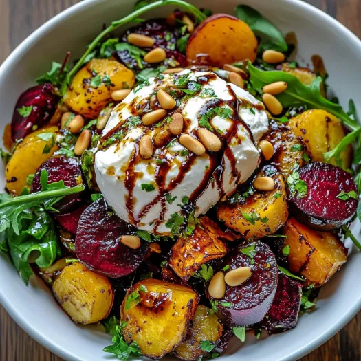 A bowl of beet and burrata salad with pine nuts.