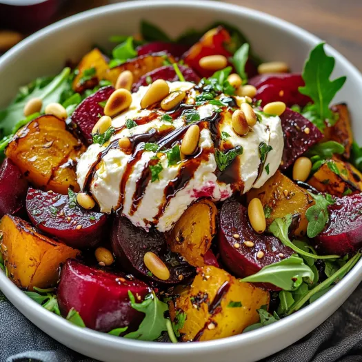 A bowl of beet and burrata salad with pine nuts.