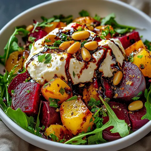 A bowl of beet and burrata salad with pine nuts.