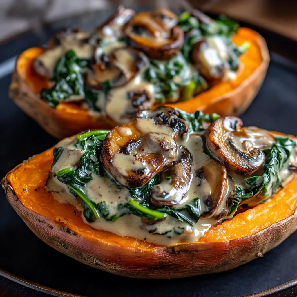 Two sweet potatoes filled with mushrooms and spinach.